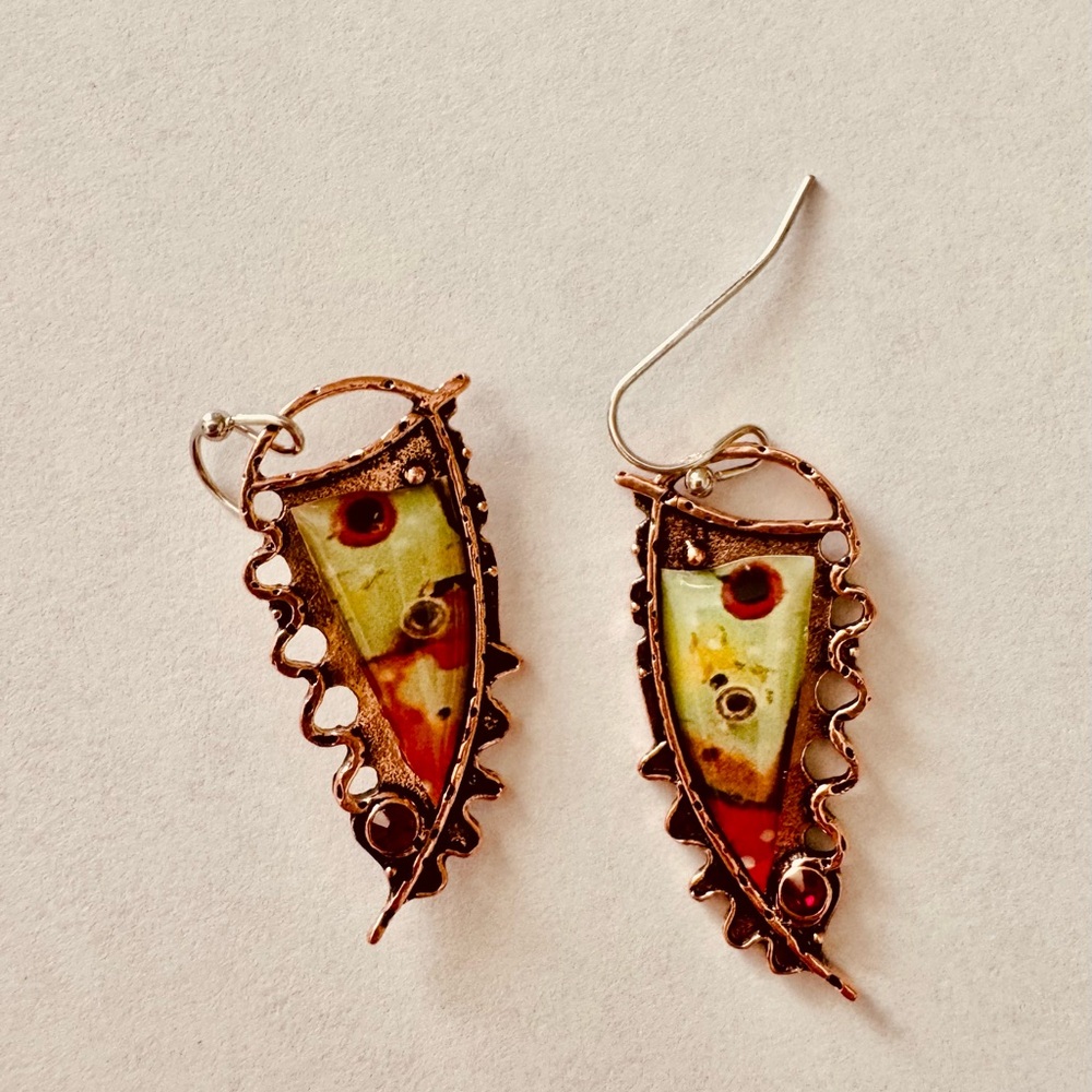 Gold and Green Asymmetrical Earrings with Artistic Design